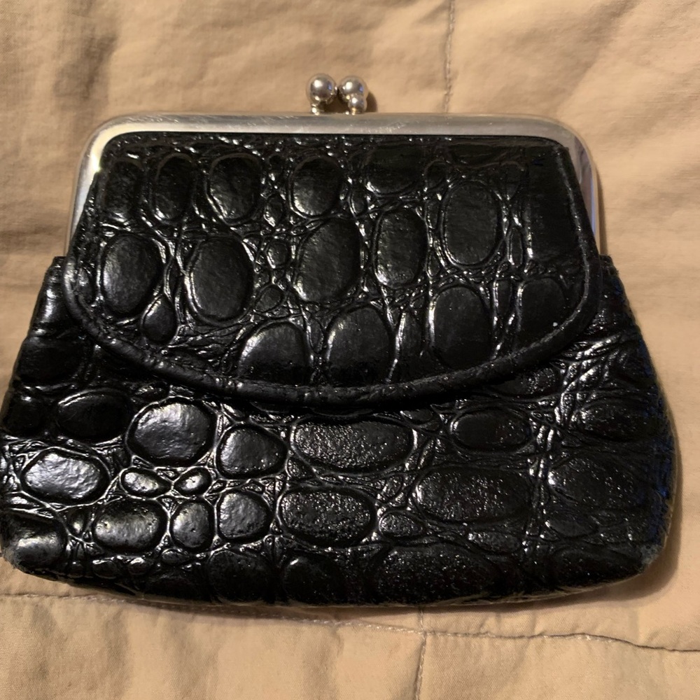 5/$25 EUC Croc-like black change purse with card slot in exterior snap closure.